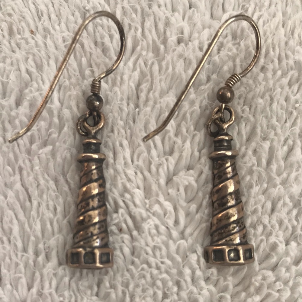 Pierced Earrings Lighthouse Light House Gold-tone Striped J Hook Beach Themed